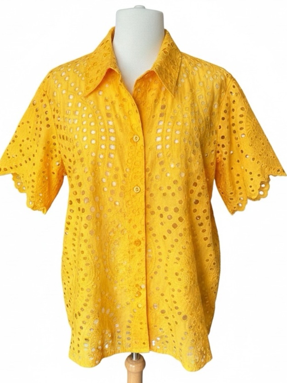 Skies Are Blue Yellow-Orange Eyelet Blouse with Short Scalloped Sleeves, 2X